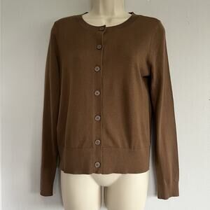 LOFT Classic Cotton Cardigan Sweater S Brown Crew Neck Preppy Minimalist Capsule